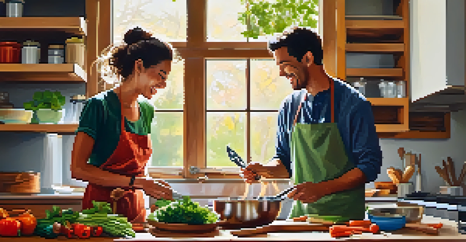 A couple joyfully cooking together in a sunlit kitchen, surrounded by fresh ingredients and a cozy atmosphere.