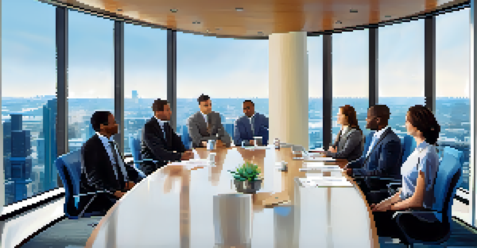 A diverse group of colleagues discussing boundary setting in a modern conference room with a city view.