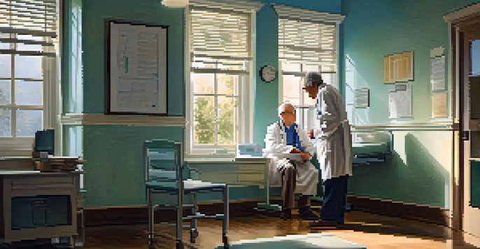 A healthcare provider discussing health check-up details with an elderly patient in a warm doctor's office.