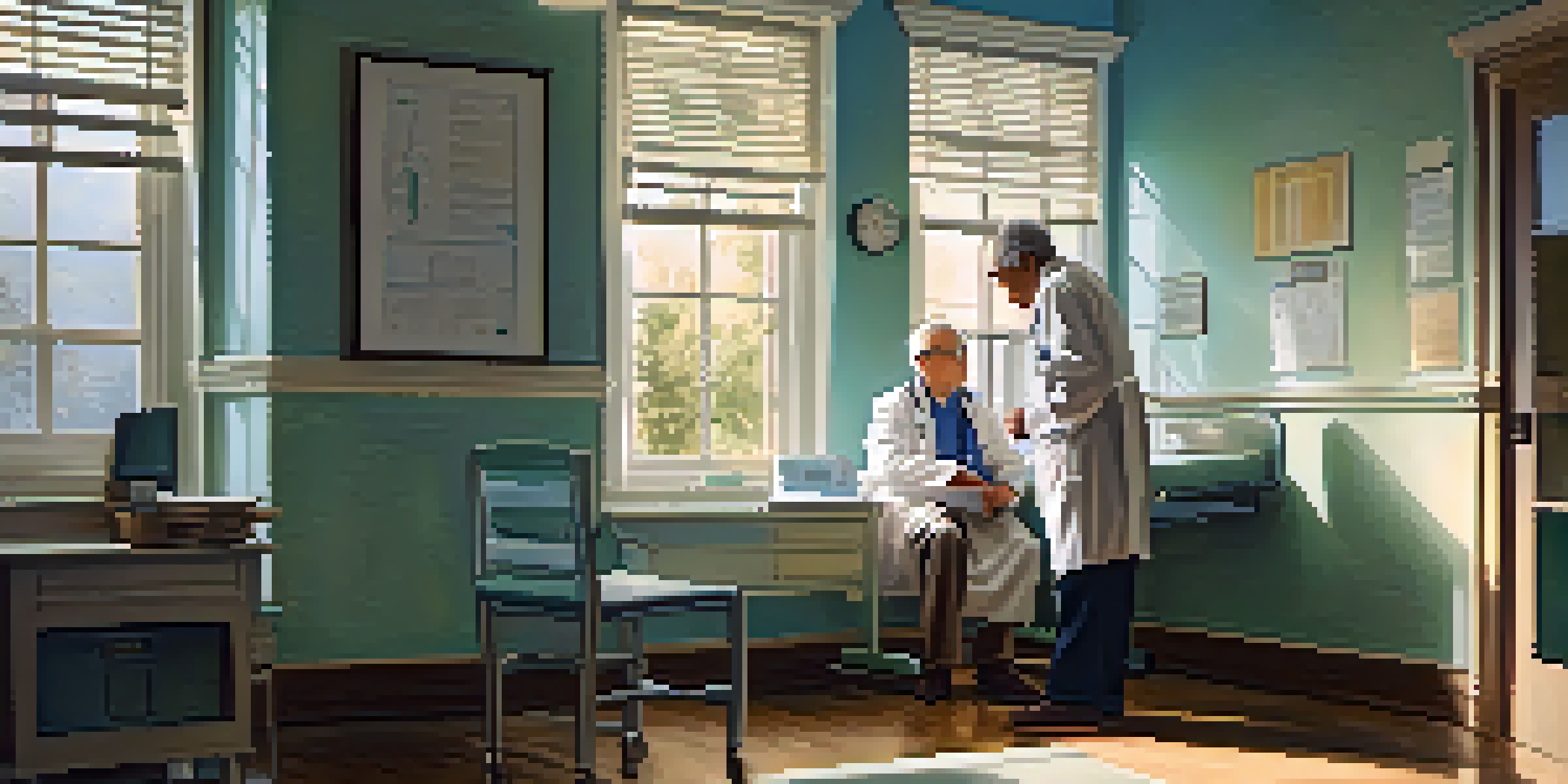 A healthcare provider discussing health check-up details with an elderly patient in a warm doctor's office.