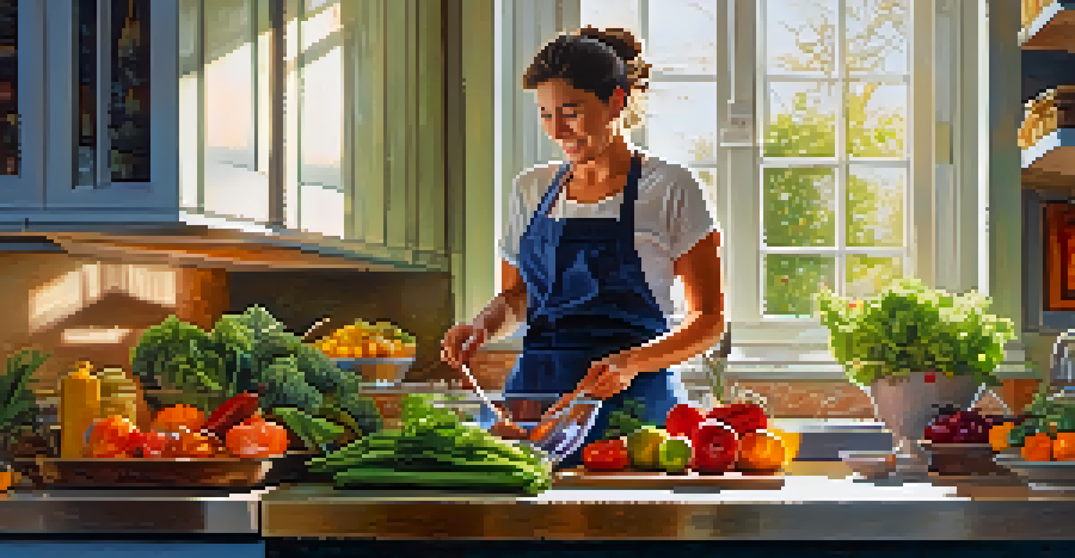 A woman in a cozy kitchen preparing a healthy meal with fresh fruits and vegetables, smiling as she cooks.