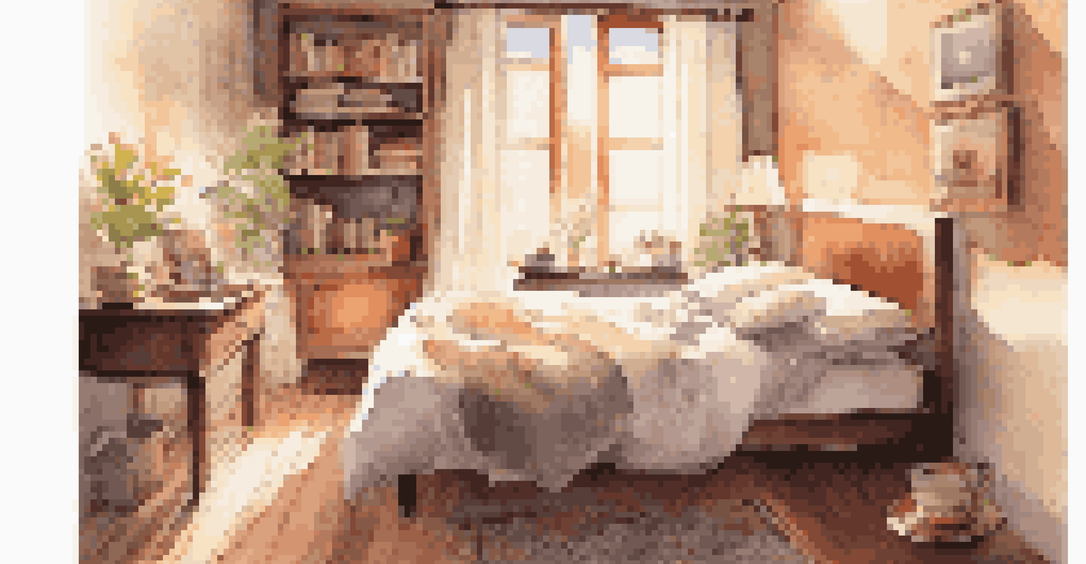 A cozy bedroom with a neatly made bed, warm lighting, a cup of tea, and a stack of books on the bedside table.