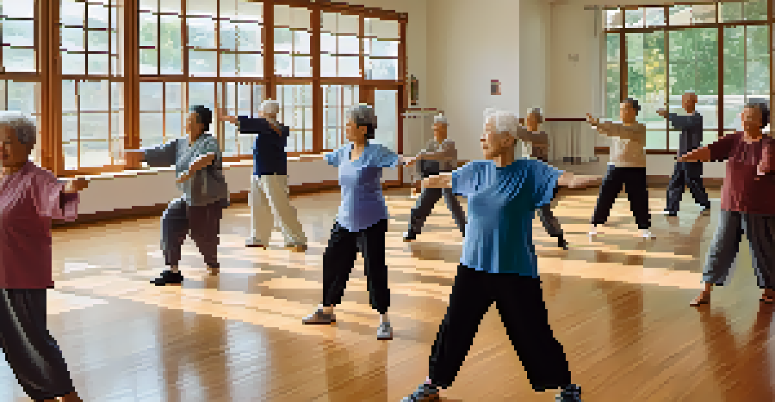 A community center Tai Chi class with elderly individuals practicing together in a bright and airy room.