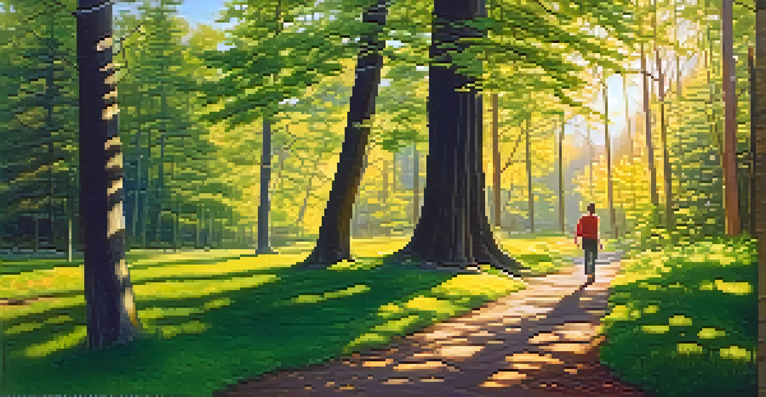 A peaceful forest path with sunlight filtering through the trees, a person walking and enjoying the beauty of nature.