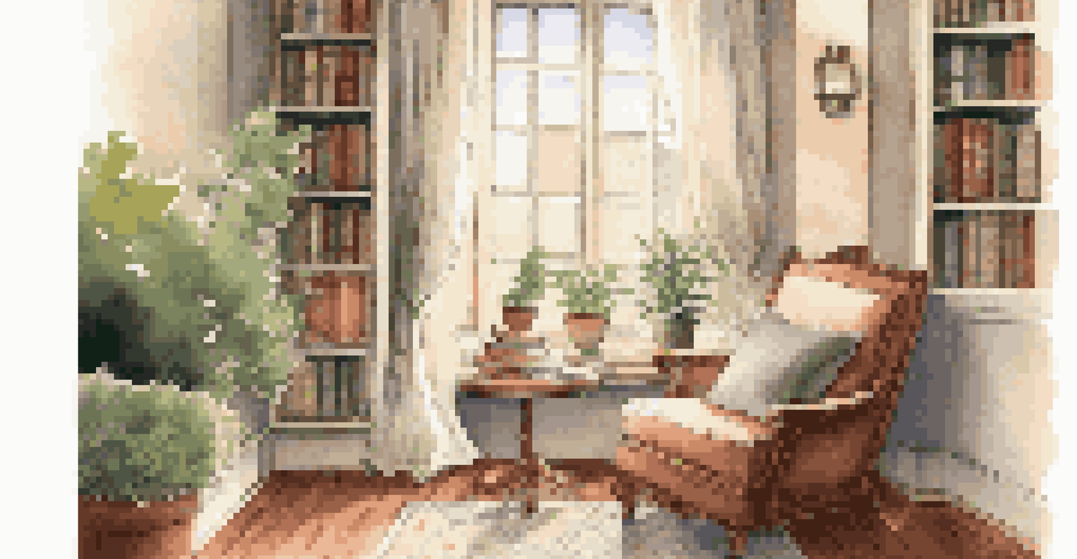 A cozy reading nook with an armchair, tea, and books illuminated by soft natural light from a window.