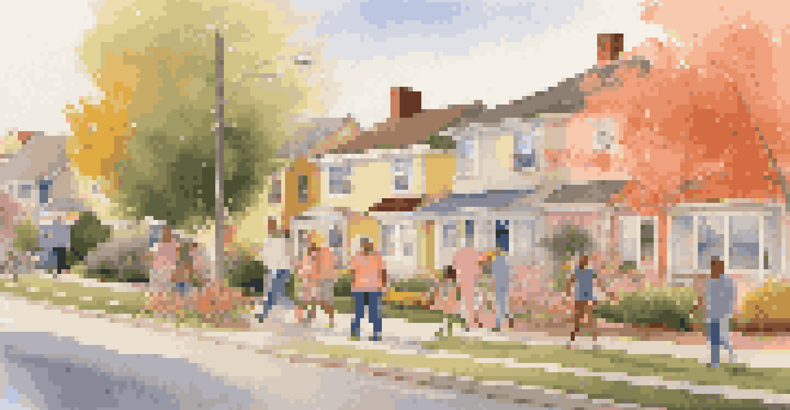 A diverse group of people walking together in a neighborhood during golden hour, enjoying each other's company.