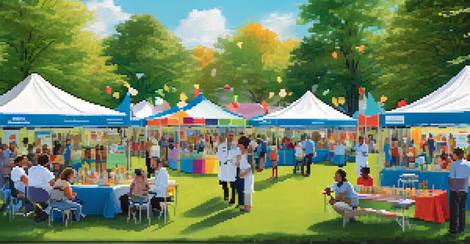 A community health fair in a park with families gathering around a colorful tent to learn about vaccinations from healthcare professionals.