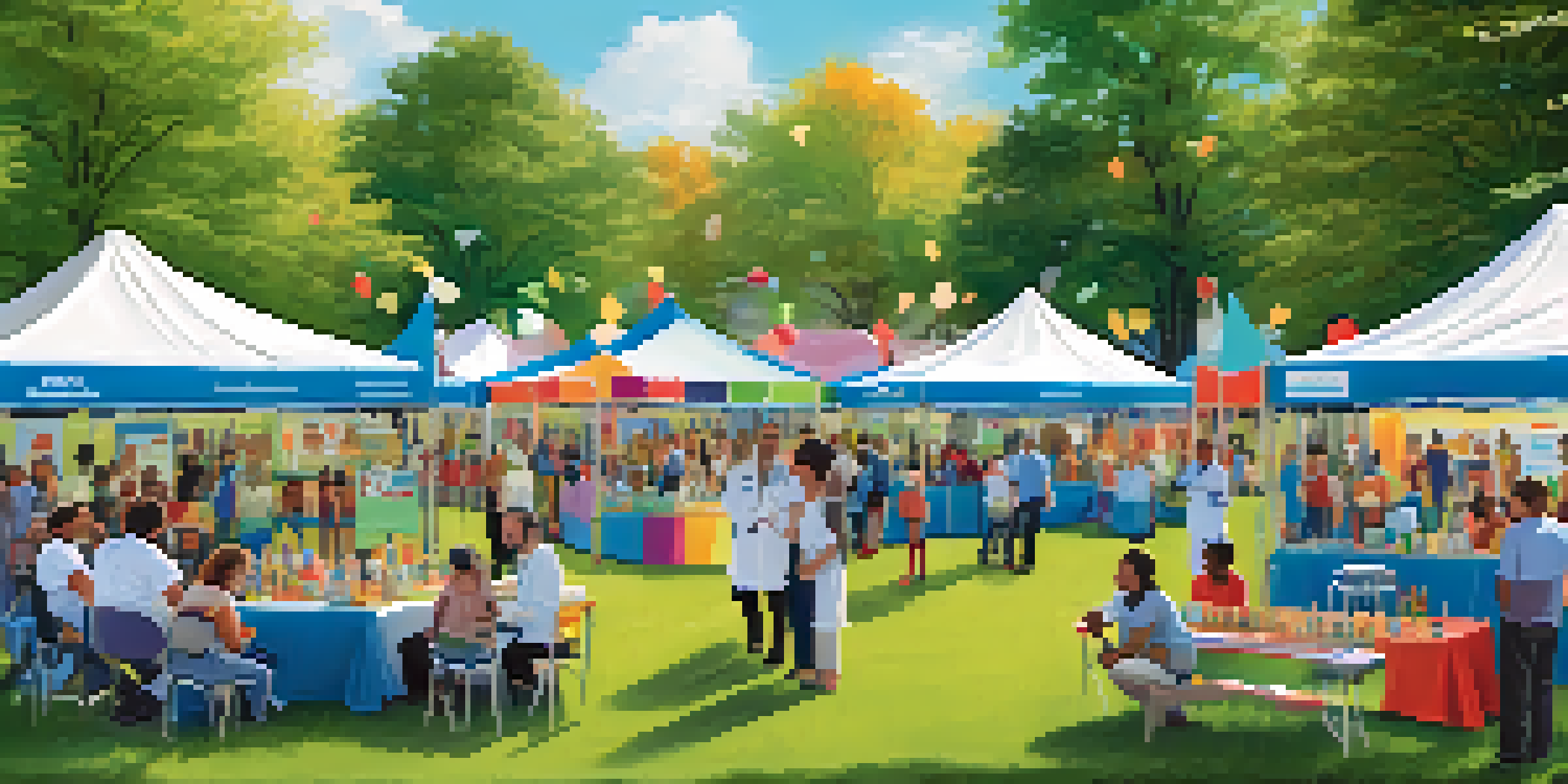 A community health fair in a park with families gathering around a colorful tent to learn about vaccinations from healthcare professionals.