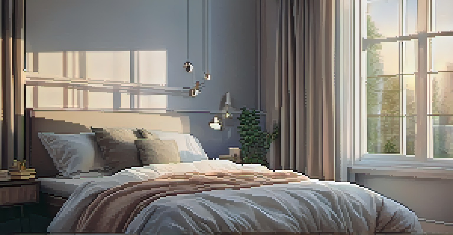 A peaceful bedroom with a neatly made bed, fluffy pillows, and a bedside table with a clock and herbal tea, illuminated by soft dusk light.