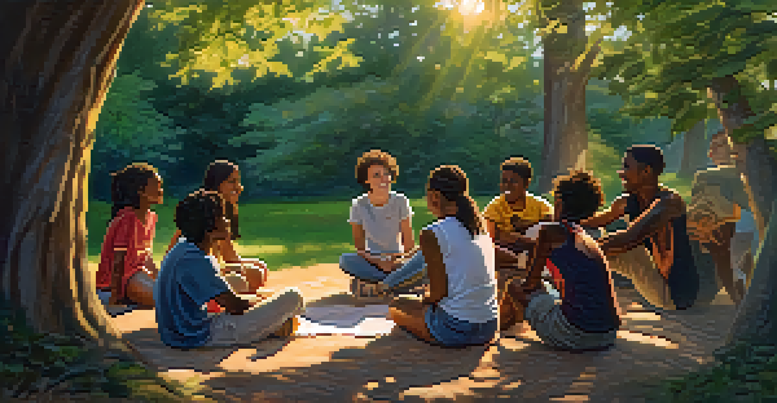 Diverse youth sitting in a circle outdoors, sharing stories and laughing in a supportive atmosphere.