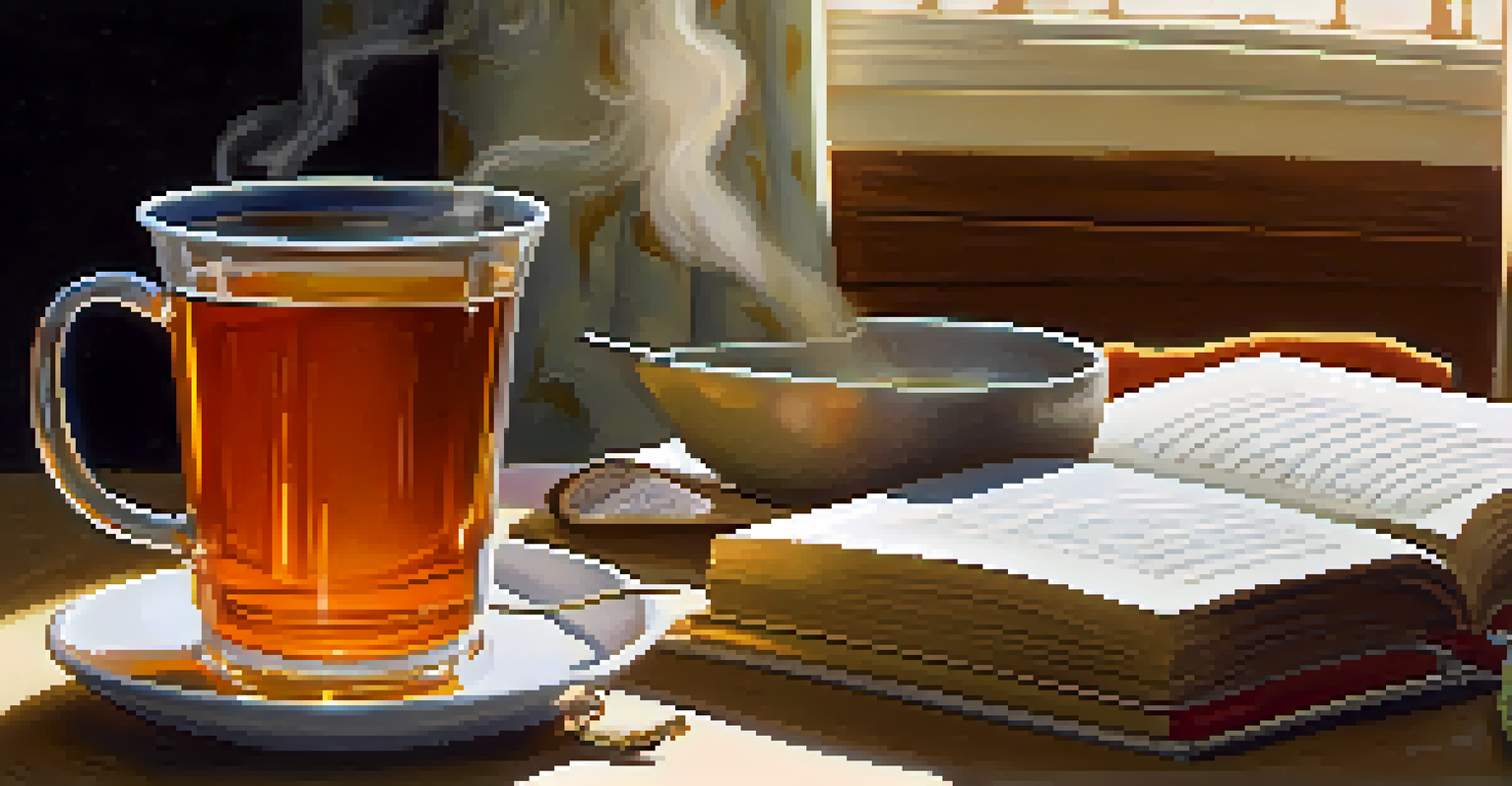 A close-up of a cup of herbal tea, an open journal, and reading glasses on a bedside table in a softly lit bedroom.