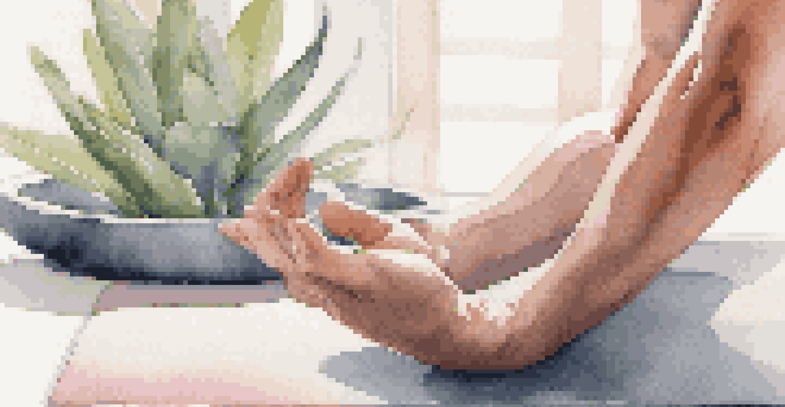 A close-up of hands practicing breath control on a yoga mat, with a soft and calming background.