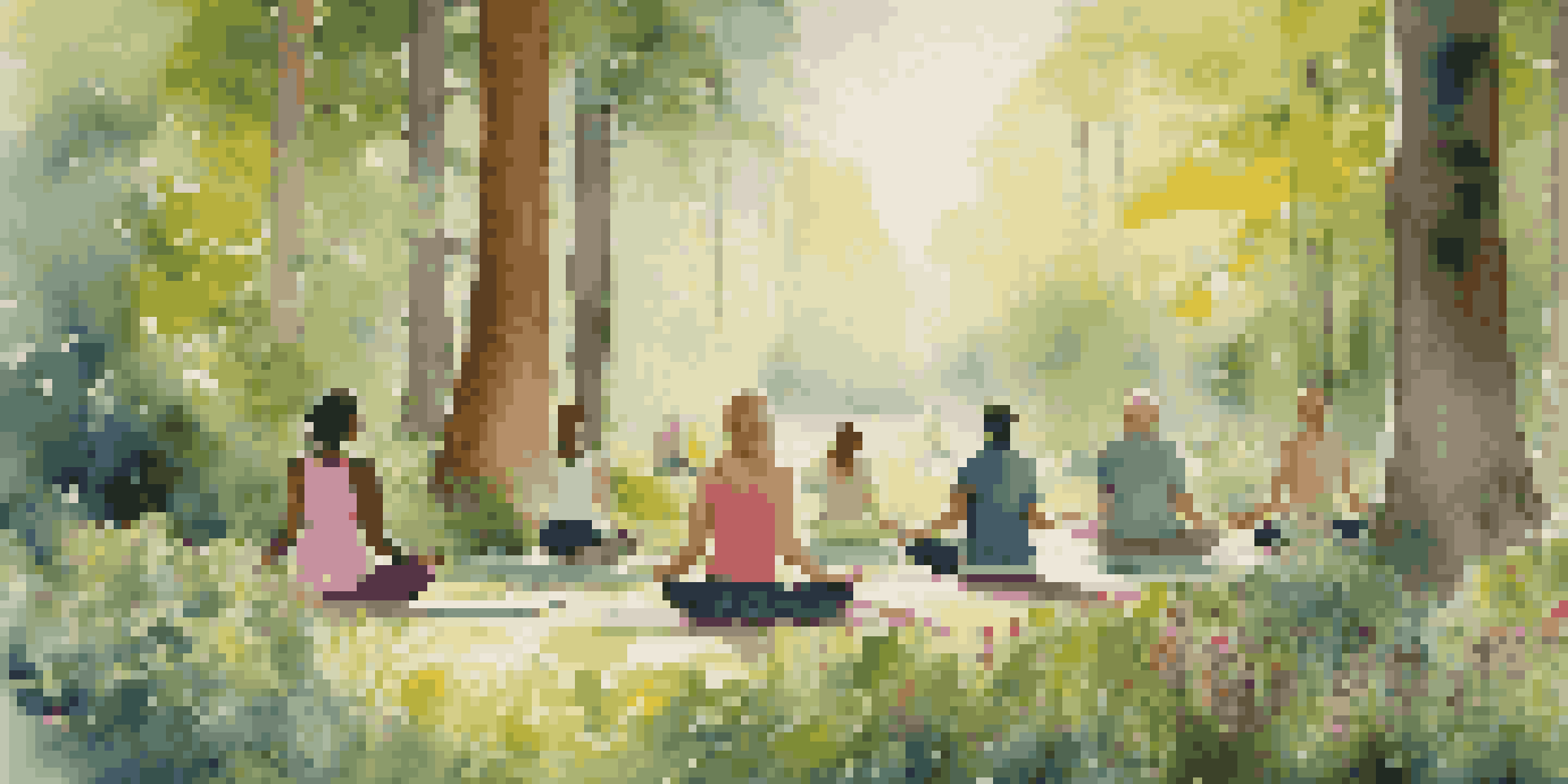 A peaceful forest scene with people practicing yoga and meditation on mats, surrounded by greenery and wildflowers.