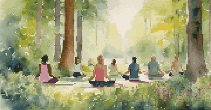 A peaceful forest scene with people practicing yoga and meditation on mats, surrounded by greenery and wildflowers.