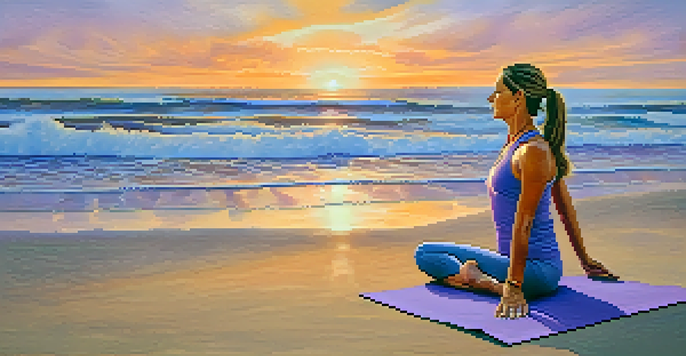 A middle-aged woman doing yoga on a beach at sunset, with colorful skies and waves.