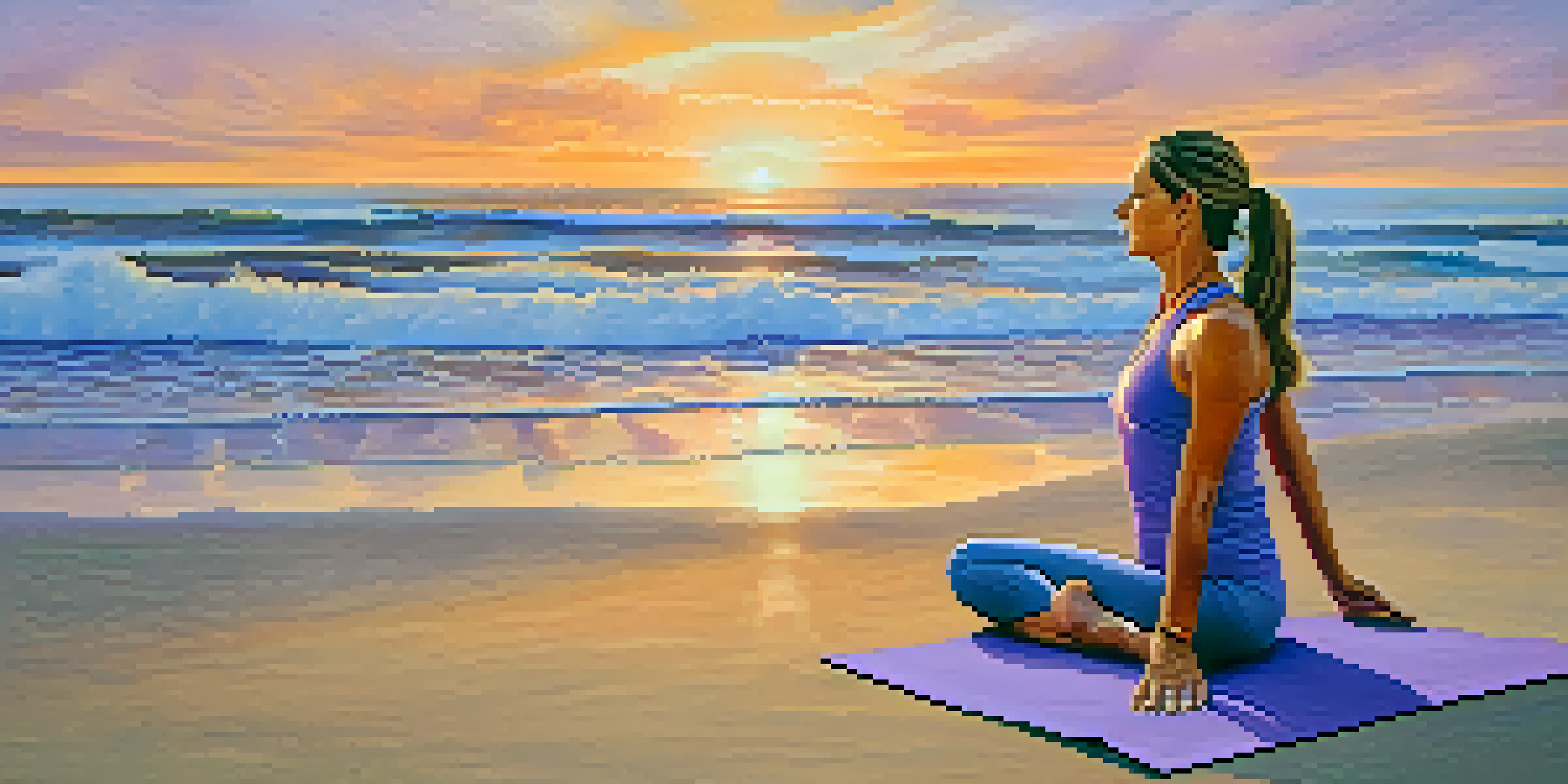 A middle-aged woman doing yoga on a beach at sunset, with colorful skies and waves.