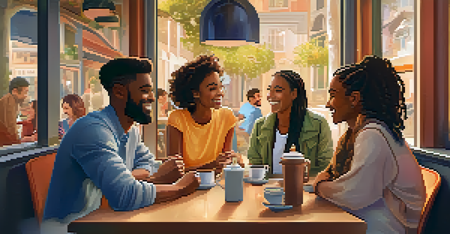 A diverse group of friends enjoying coffee and conversation in a cozy café, highlighting the value of real-life connections.