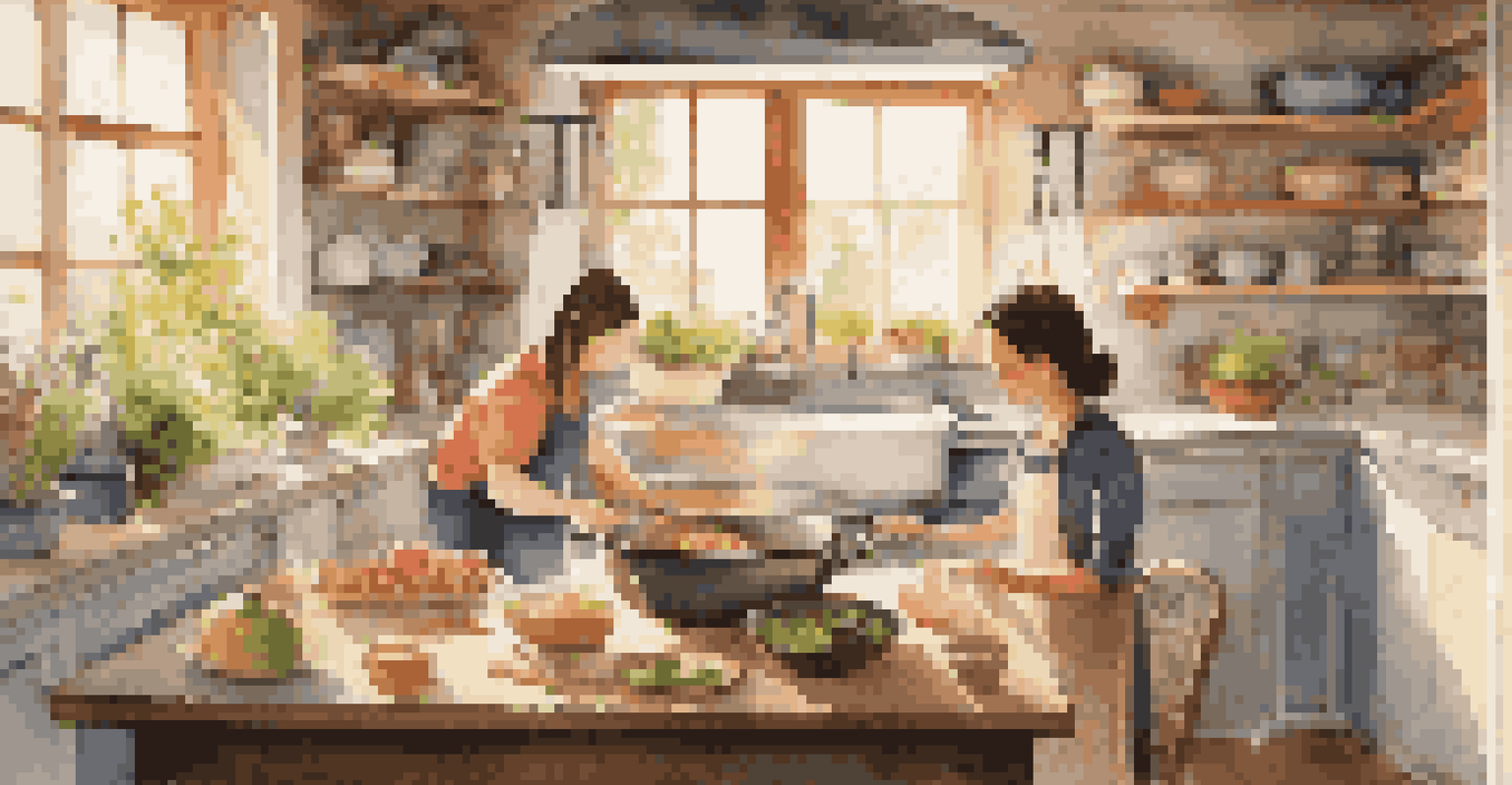 A family happily cooking together in a sunny kitchen filled with fresh ingredients.