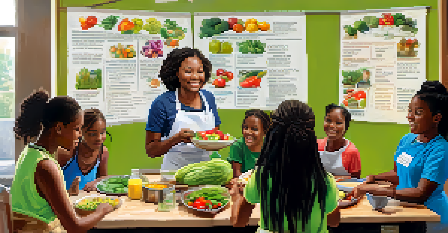 A Community Health Worker teaching healthy cooking techniques to participants in a bright community center filled with health posters.