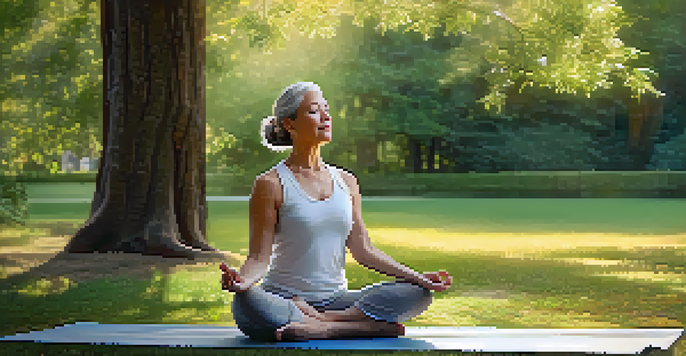 A middle-aged woman practicing yoga in a sunlit park, surrounded by flowers and trees, embodying tranquility and peace.