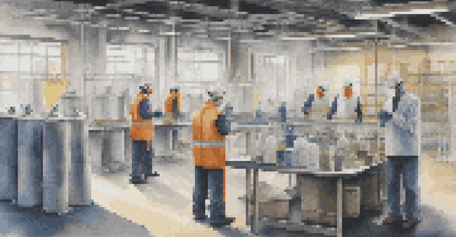 Workers in an industrial setting wearing protective gear, with safety signs and a clean environment.