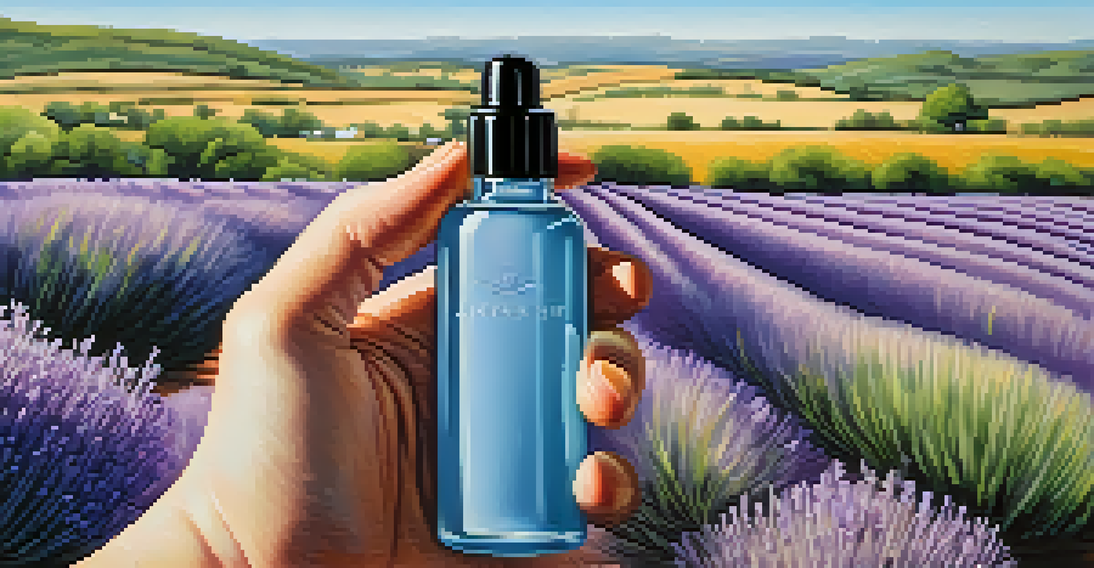 A hand holding a roller bottle of lavender oil in front of lavender fields and a blue sky.