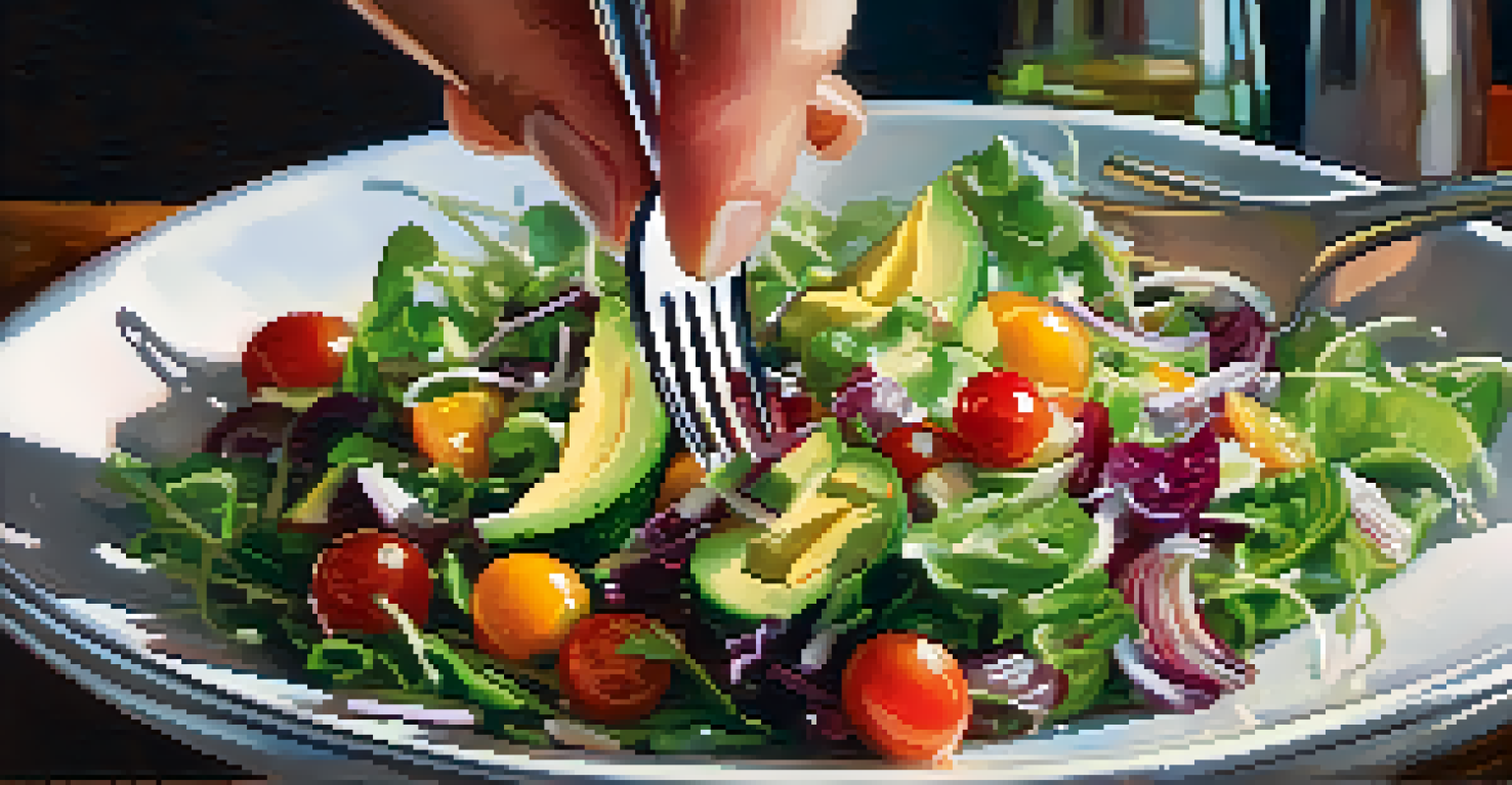A close-up of hands holding a fork above a colorful salad, illustrating mindfulness in eating.