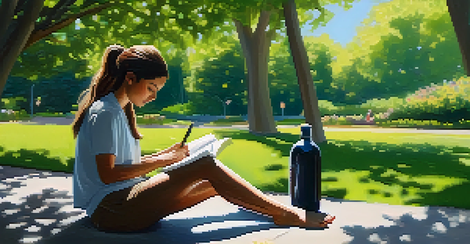 A person sitting in a sunny park, writing in a journal surrounded by greenery and flowers, with a water bottle and a healthy snack nearby.