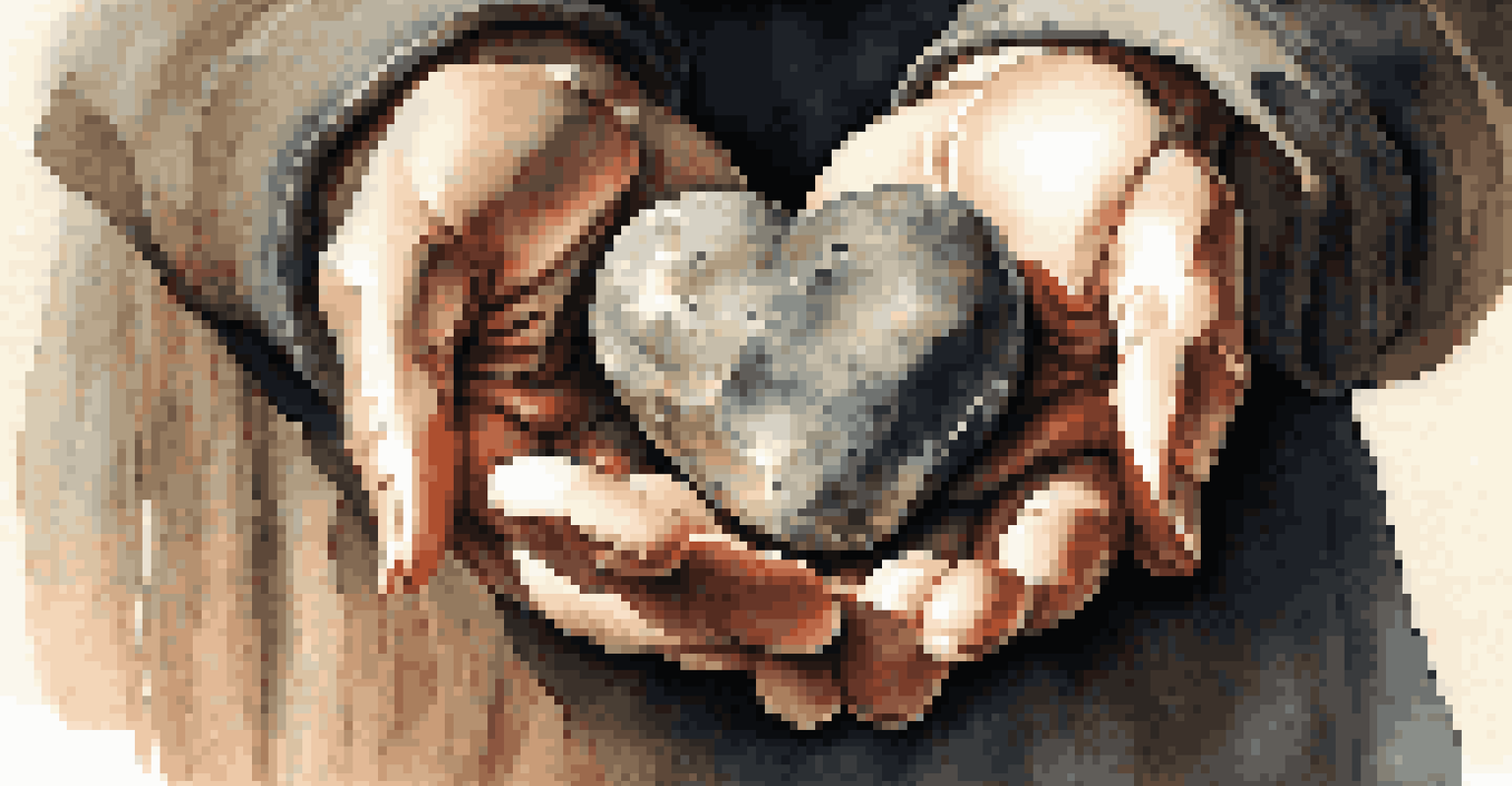 A close-up of hands holding a smooth heart-shaped stone on a wooden surface, representing themes of forgiveness and healing.