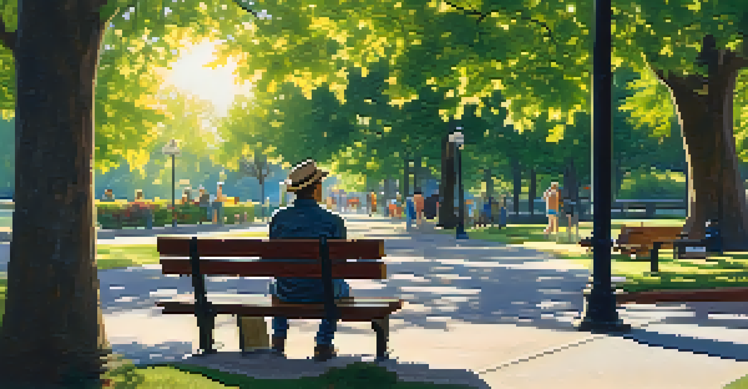 A thoughtful man sitting on a park bench holding a pack of cigarettes, surrounded by a vibrant park scene.
