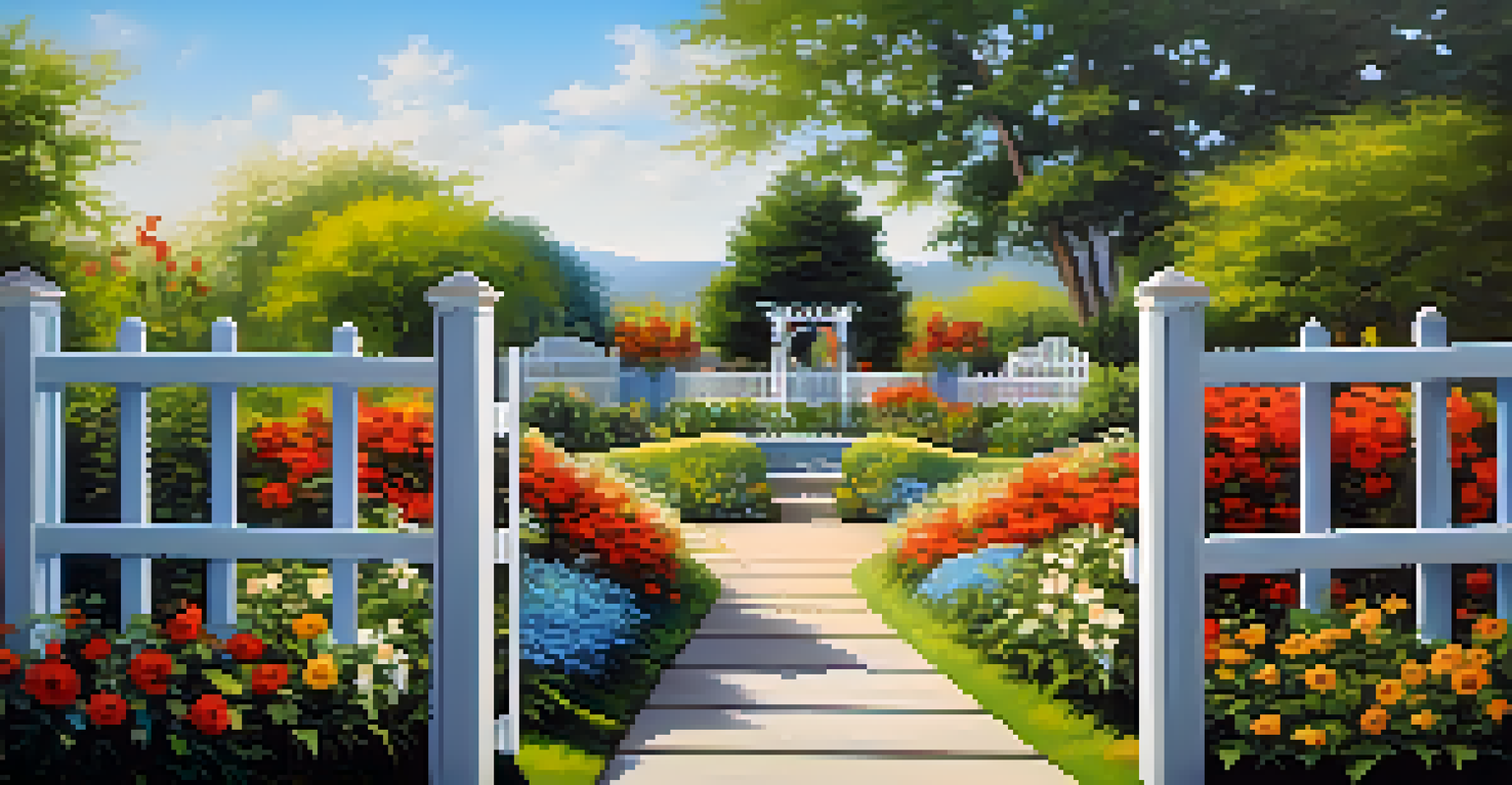 A vibrant garden with a wooden fence, colorful flowers, and a clear blue sky, symbolizing personal boundaries.