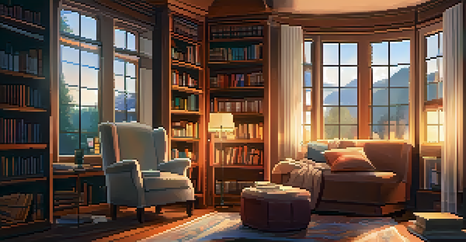 A cozy home library with a plush armchair, a table with a steaming cup of tea, and warm ambient lighting.