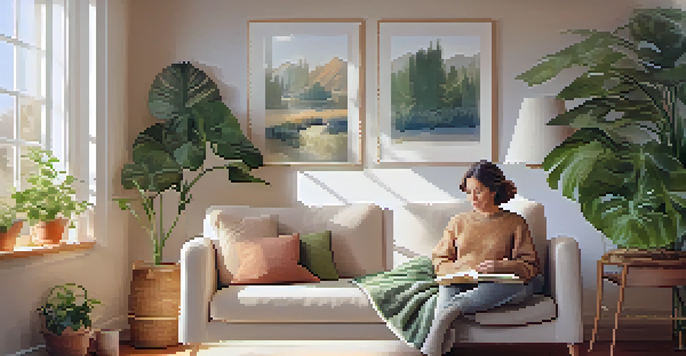 A middle-aged woman relaxing in a bright living room, holding a cup of tea and reading a book, surrounded by plants and soft decor.