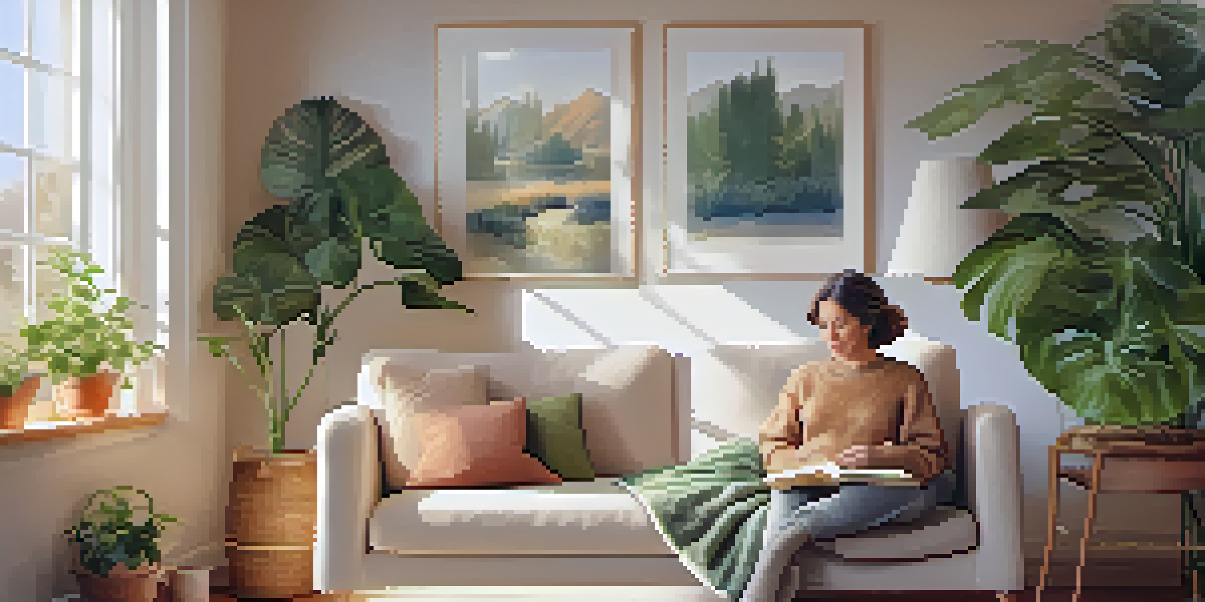A middle-aged woman relaxing in a bright living room, holding a cup of tea and reading a book, surrounded by plants and soft decor.