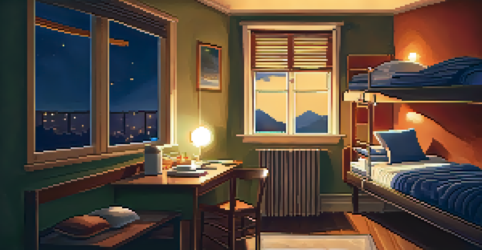 A serene hostel dorm room at night, featuring a top bunk bed with soft lighting, an eye mask, and a travel sheet, creating a calm atmosphere.