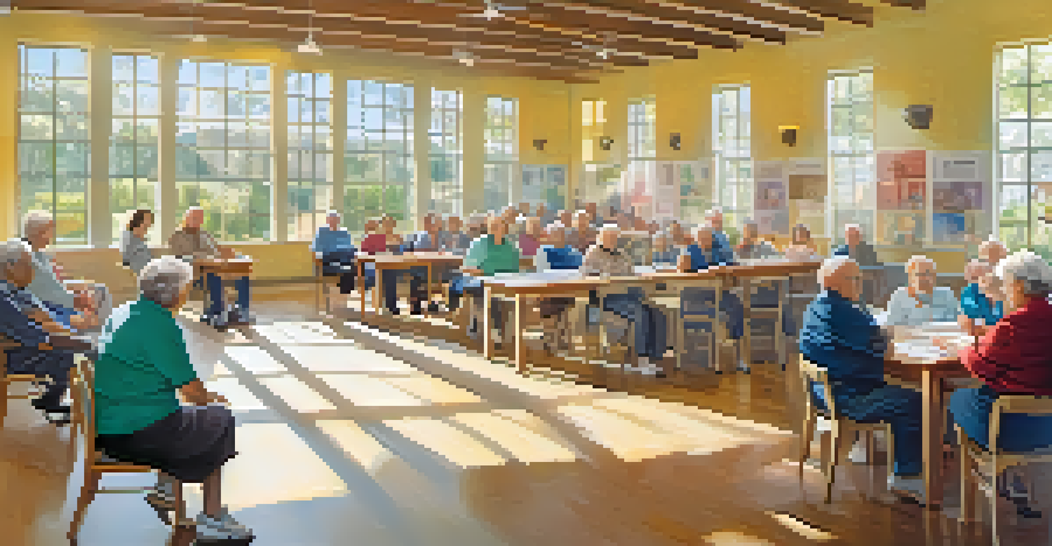 Seniors attending an educational workshop in a community center, with posters about vaccines and a speaker engaging the audience.