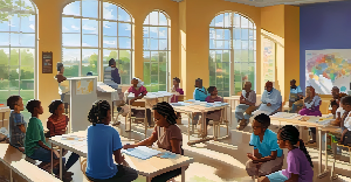 A community health workshop with diverse participants learning about vaccines, featuring tables filled with educational materials and a local leader speaking.