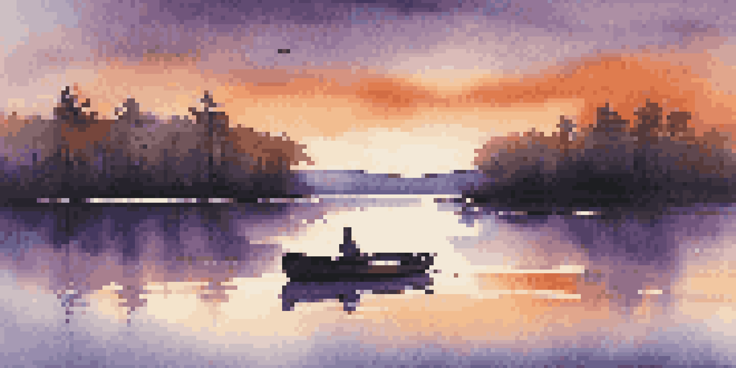 A tranquil lake at sunset with vibrant orange and purple skies, silhouetted trees, and a small rowboat by the water's edge.