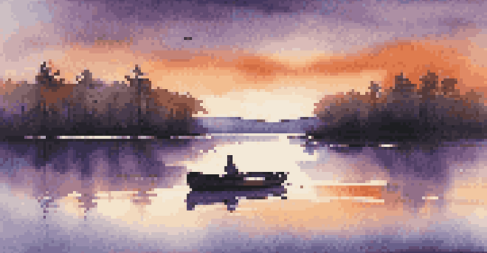 A tranquil lake at sunset with vibrant orange and purple skies, silhouetted trees, and a small rowboat by the water's edge.