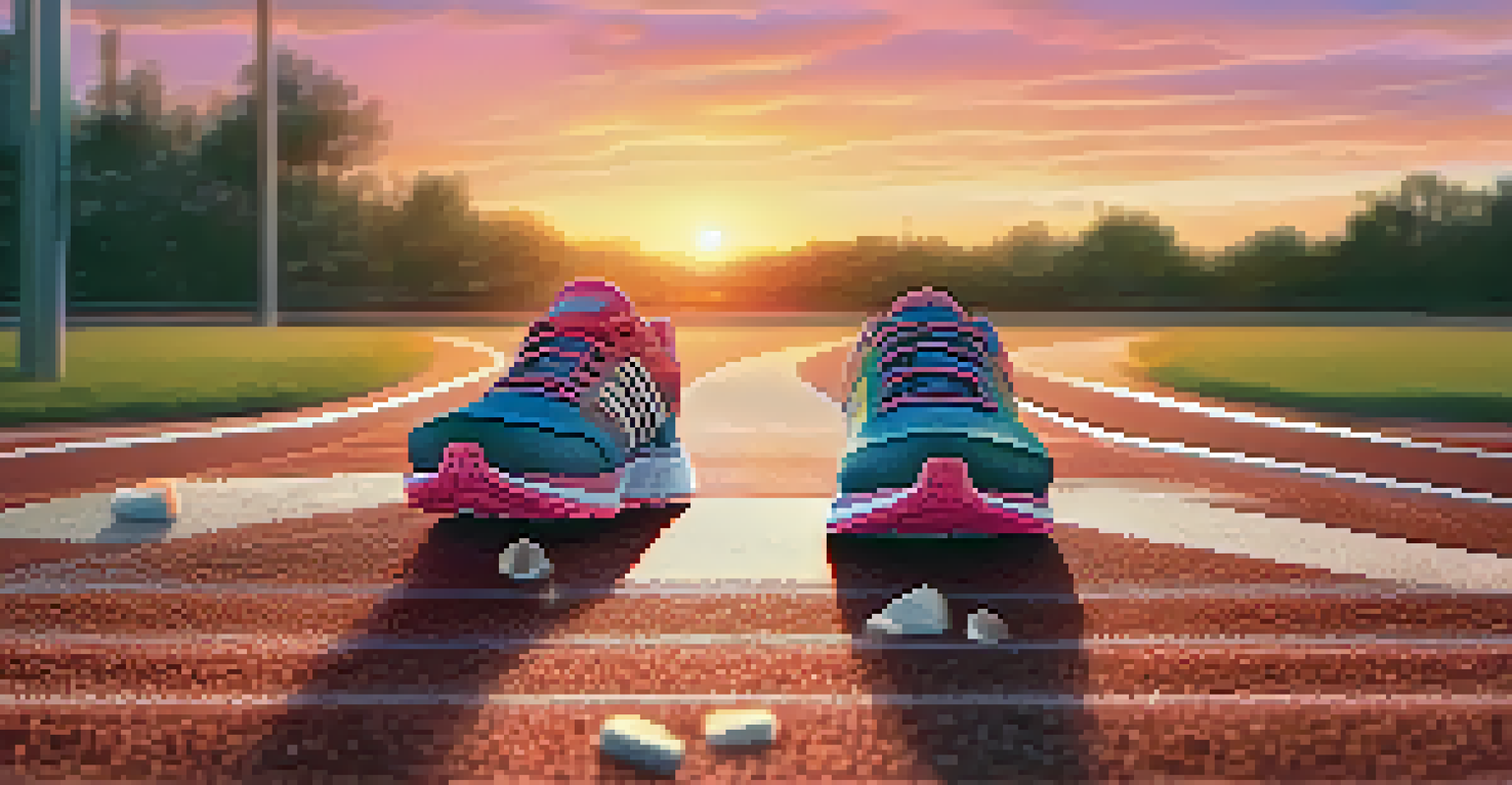 A close-up of athletic shoes on a running track at sunrise, symbolizing preparation for endurance training.