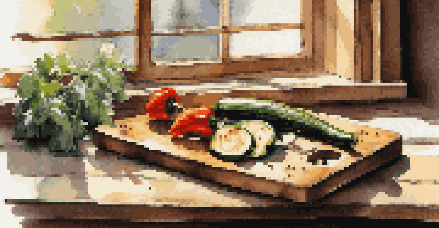 A wooden cutting board with beautifully grilled vegetables like zucchini and bell peppers, with herbs and olive oil in a bowl beside it.