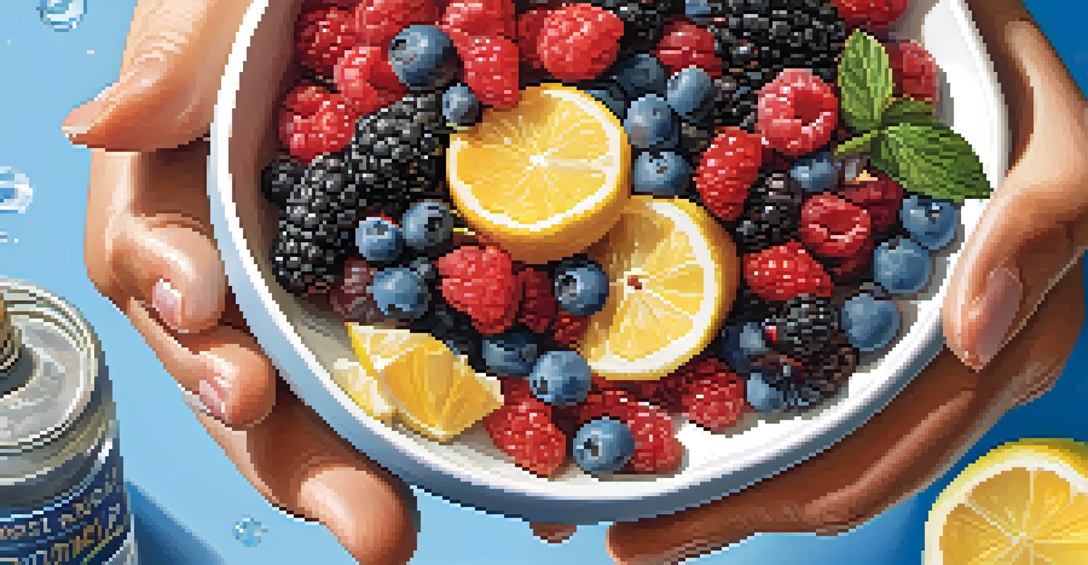 A hand reaching for a bowl of mixed berries, with whole grain snacks and an infused water bottle in a travel setting.