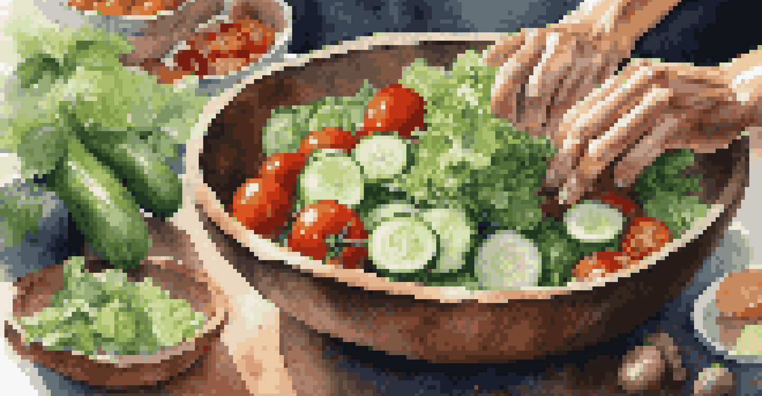 Close-up of hands mixing a fresh salad in a rustic kitchen, showcasing colorful ingredients and natural light.