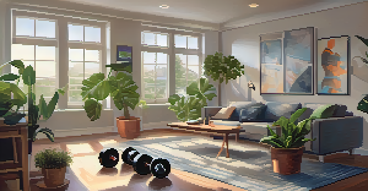 A person doing strength training with dumbbells in a cozy living room, surrounded by natural light and indoor plants, promoting fitness and well-being.