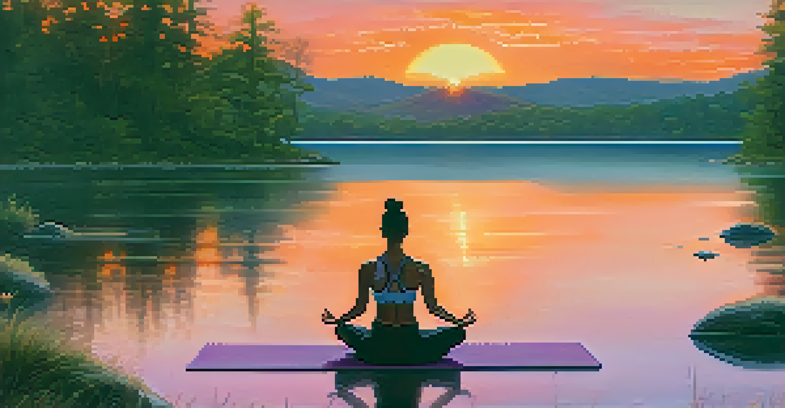 A person practicing yoga by a calm lake at sunset, with vibrant colors reflecting on the water and trees in the background.
