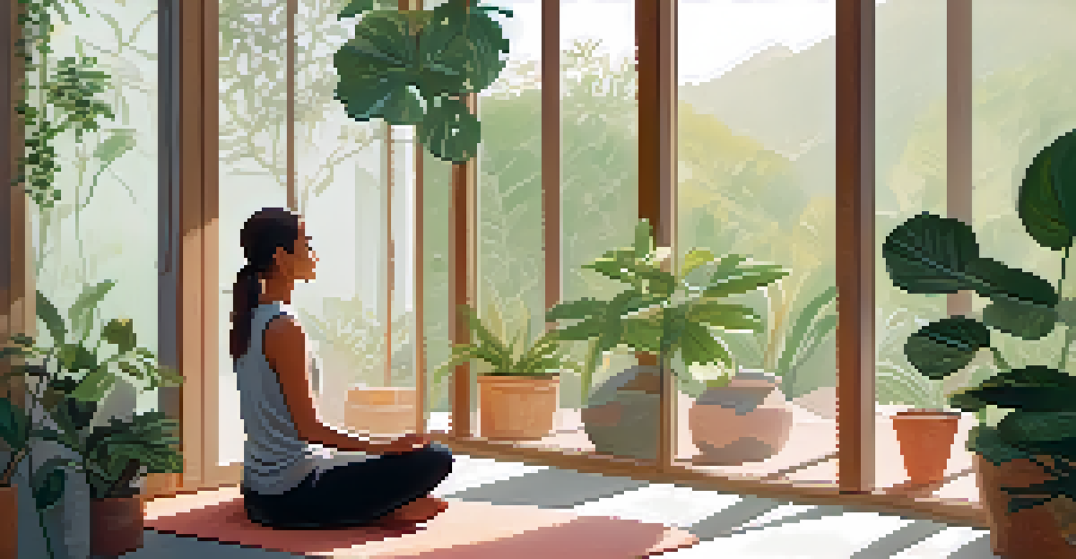 A person practicing mindfulness on a yoga mat in a tranquil, plant-filled space with soft lighting.