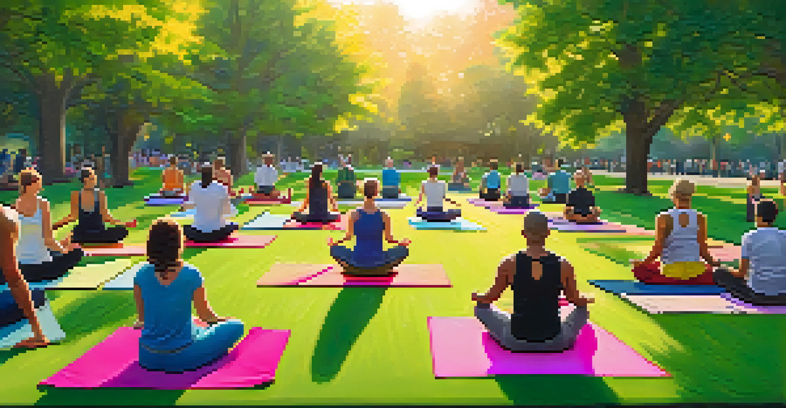 A diverse group of people practicing yoga outdoors in a park during sunset, surrounded by green trees.