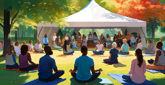 A diverse group of individuals in a mindfulness workshop under a colorful tent, practicing meditation in a serene outdoor setting with sunlight filtering through the trees.