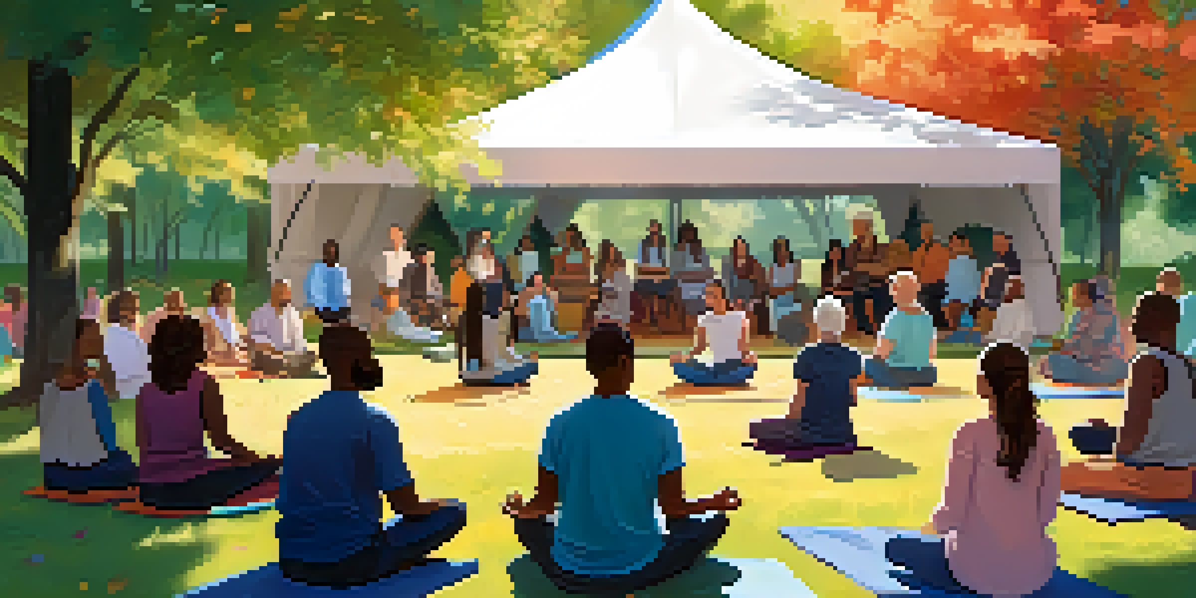 A diverse group of individuals in a mindfulness workshop under a colorful tent, practicing meditation in a serene outdoor setting with sunlight filtering through the trees.