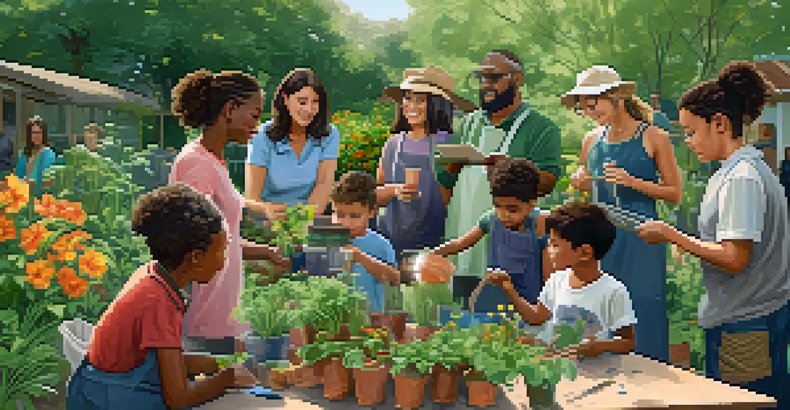 A community garden workshop with participants learning about composting techniques from an instructor, surrounded by greenery and flowers.